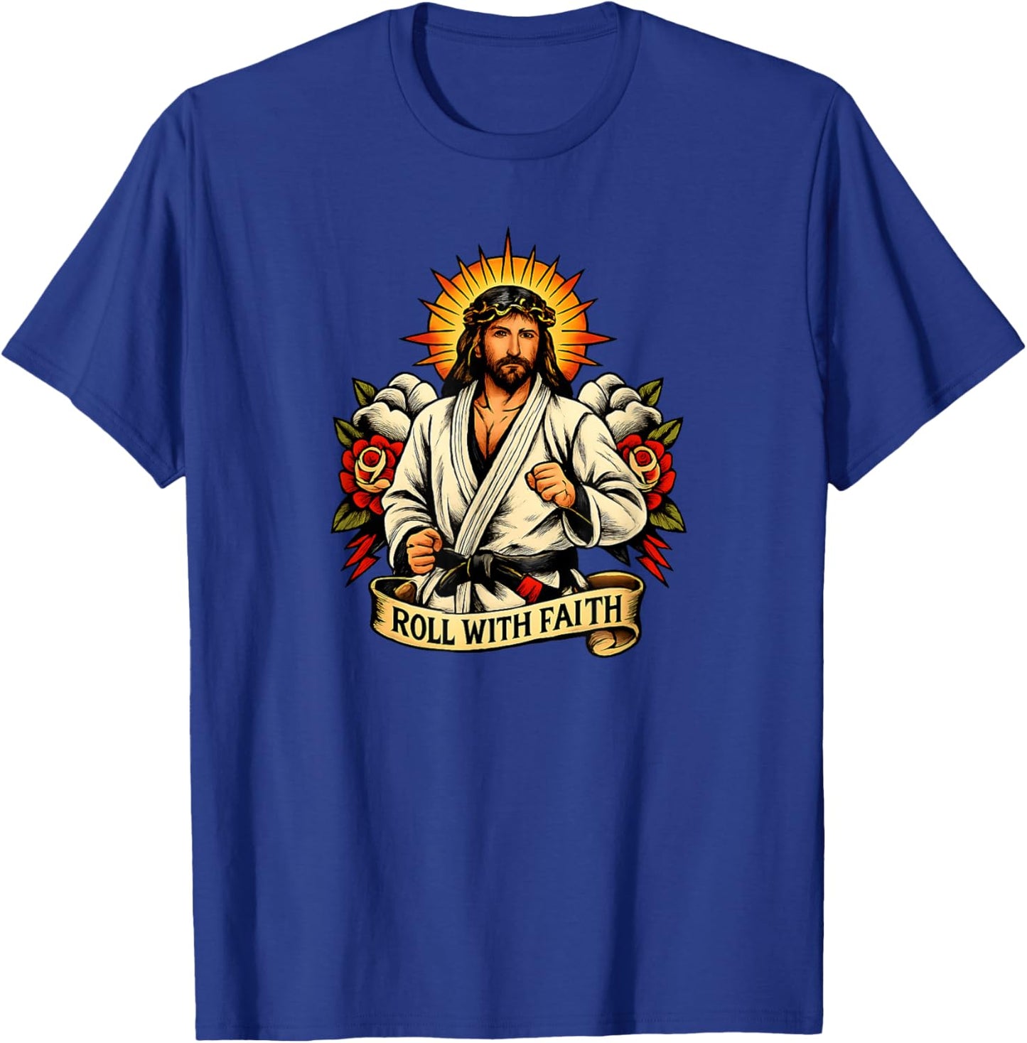 Roll with Faith Jesus Jiu Jitsu Cat BJJ MMA Christian T-Shirt - T-Shirt | Royal