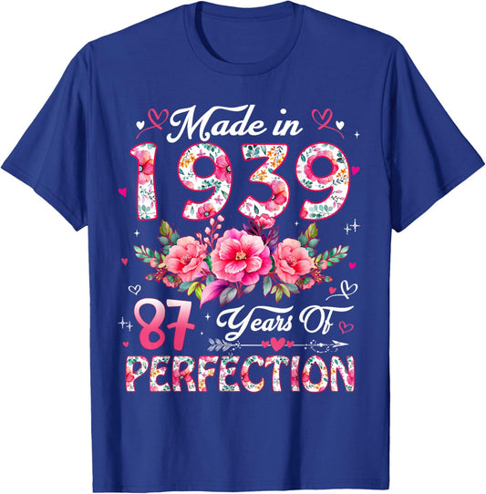 87 Year Old Made in 1939 Floral 87th Birthday Women T-Shirt - T-Shirt | Royal