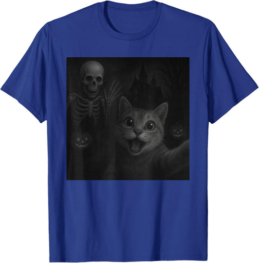 Cat Selfie with Skeleton Halloween Funny T-Shirt - T-Shirt | Royal