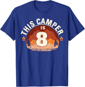 Camping 8th Birthday Camper Party Hiker Camp Tent Campfire T-Shirt - T-Shirt | Royal