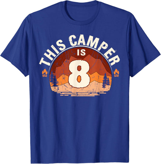Camping 8th Birthday Camper Party Hiker Camp Tent Campfire T-Shirt - T-Shirt | Royal