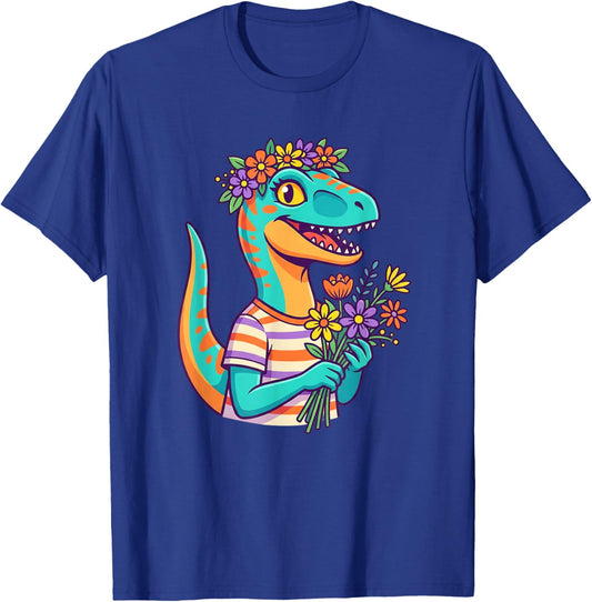Cute Dino with Flowers Bouquet for Kids T-Shirt - T-Shirt | Royal