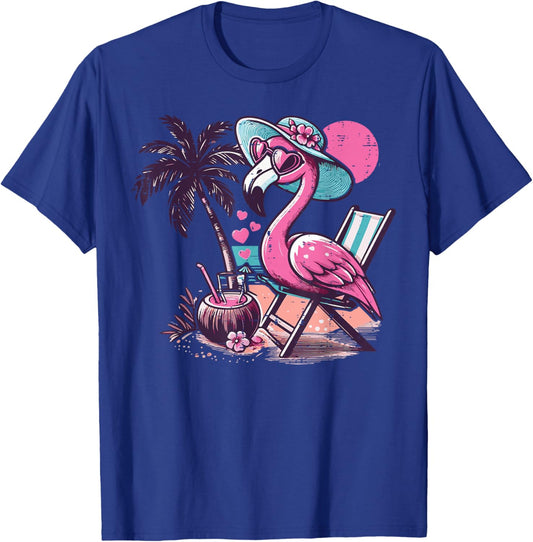 Summer Flamingo Beach Chair Tree Vacation Women Girls Kids T-Shirt - T-Shirt | Royal