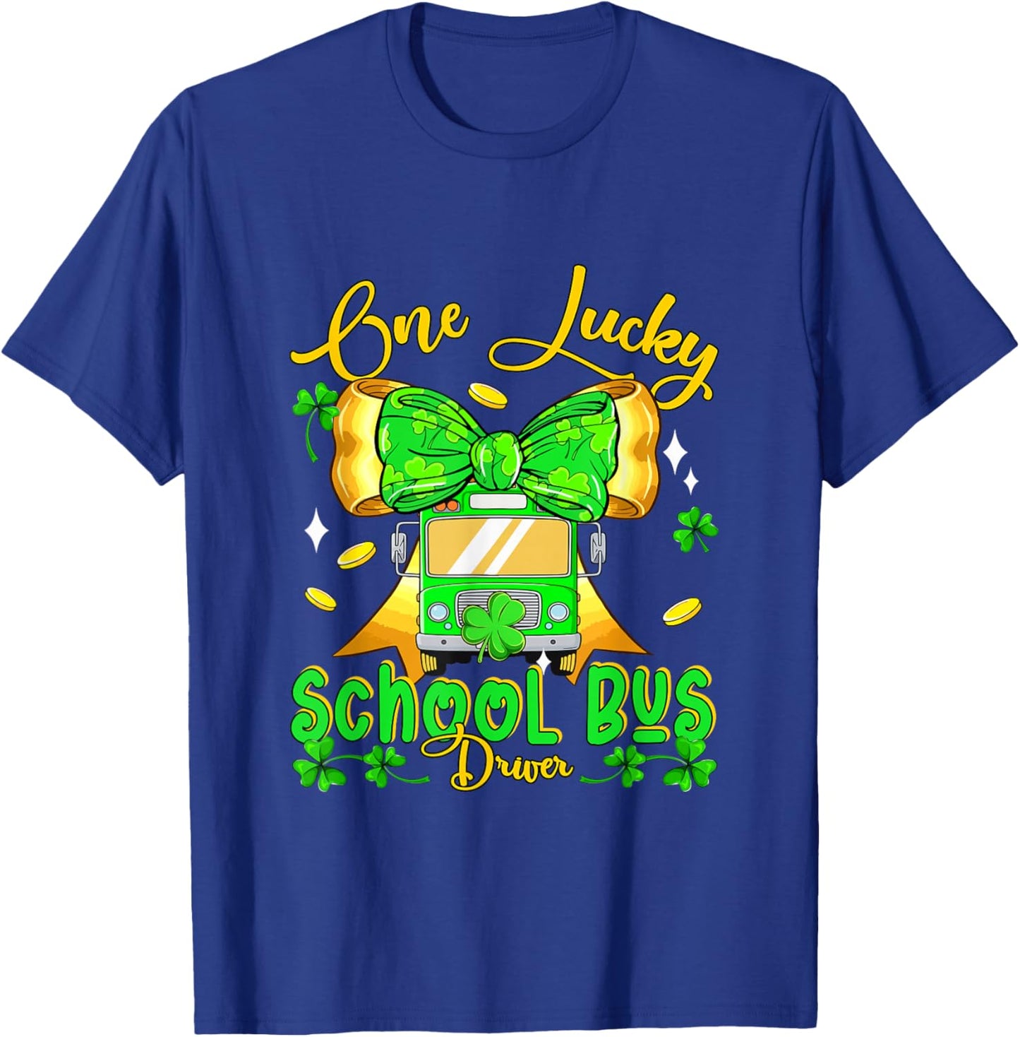 One Lucky Patrick's Day School Bus Driver Bow Tie Shamrocks T-Shirt - T-Shirt | Royal