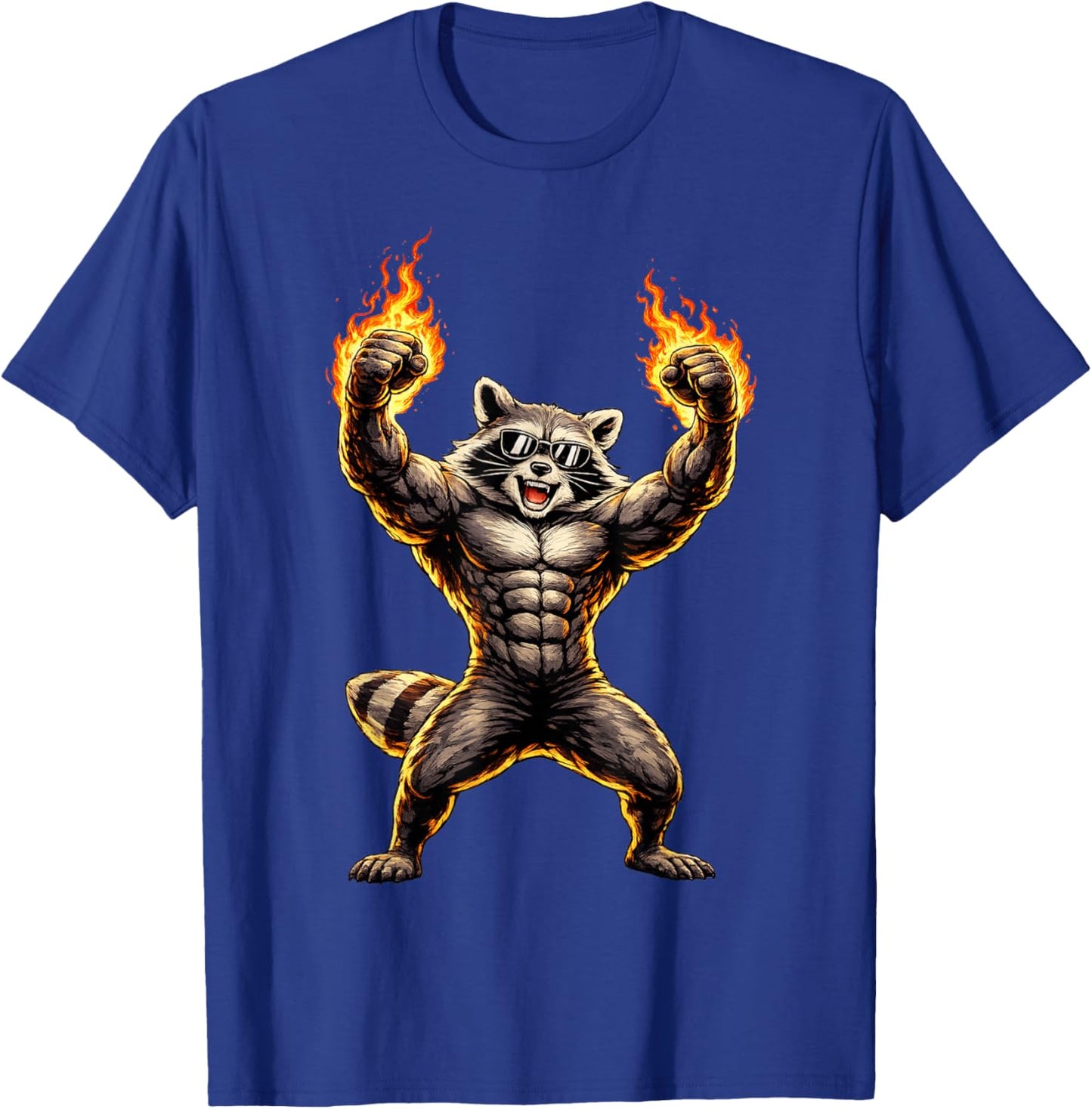Flaming Muscle Raccoon T-Shirt - T-Shirt | Royal