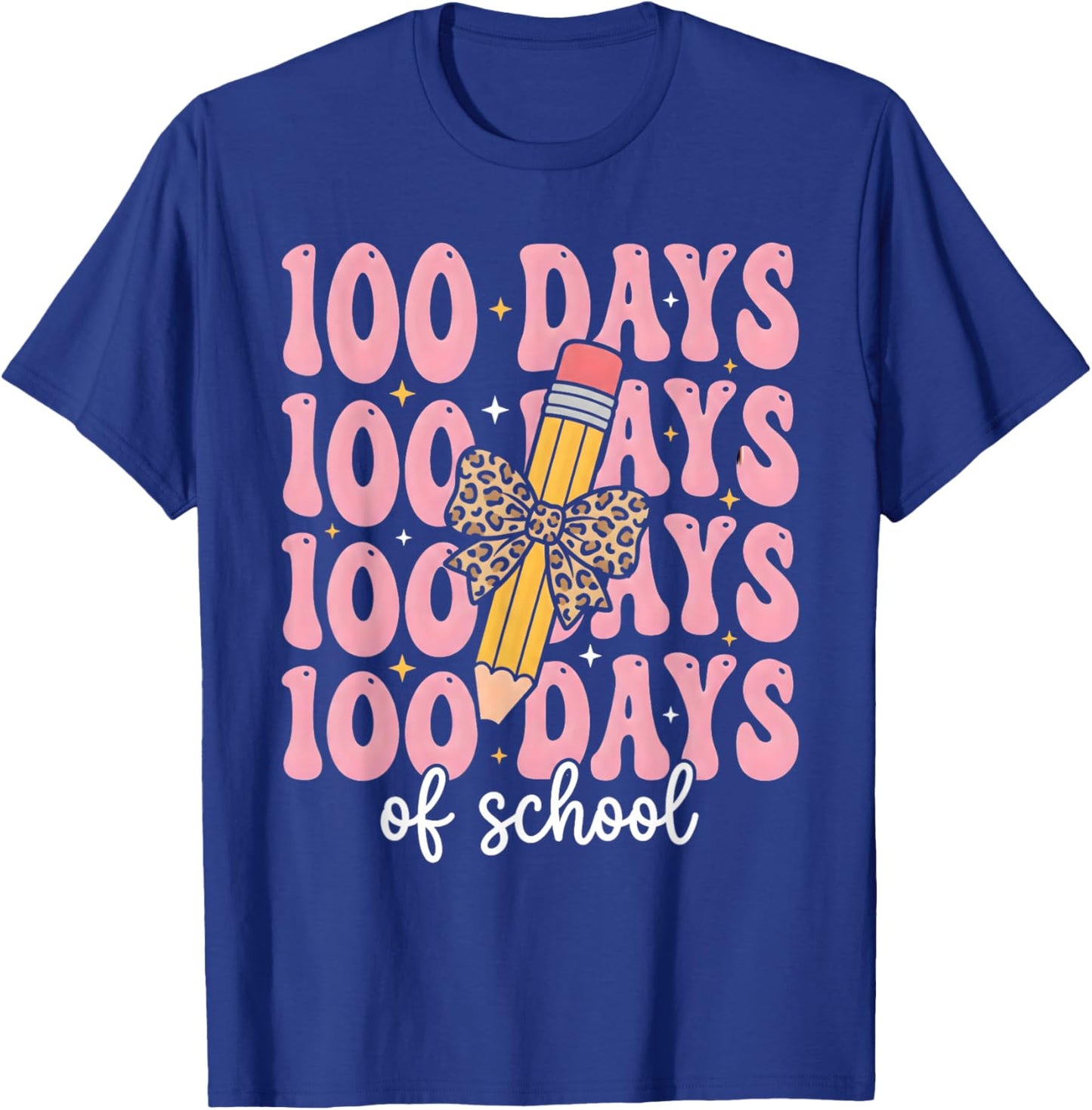Funny 100 Days School Leopard Bow Pencil Teacher Life Girl T-Shirt - T-Shirt | Royal