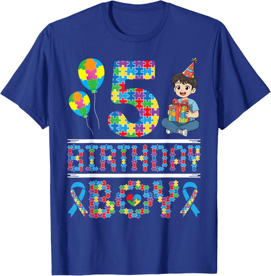 Autism Awareness 5th Birthday Boy Puzzle Piece 5 Years Old T-Shirt - T-Shirt | Royal