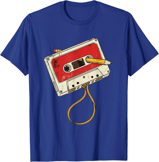 Retro Cassette Tape Rewind Pencil Drawing T-Shirt - T-Shirt | Royal