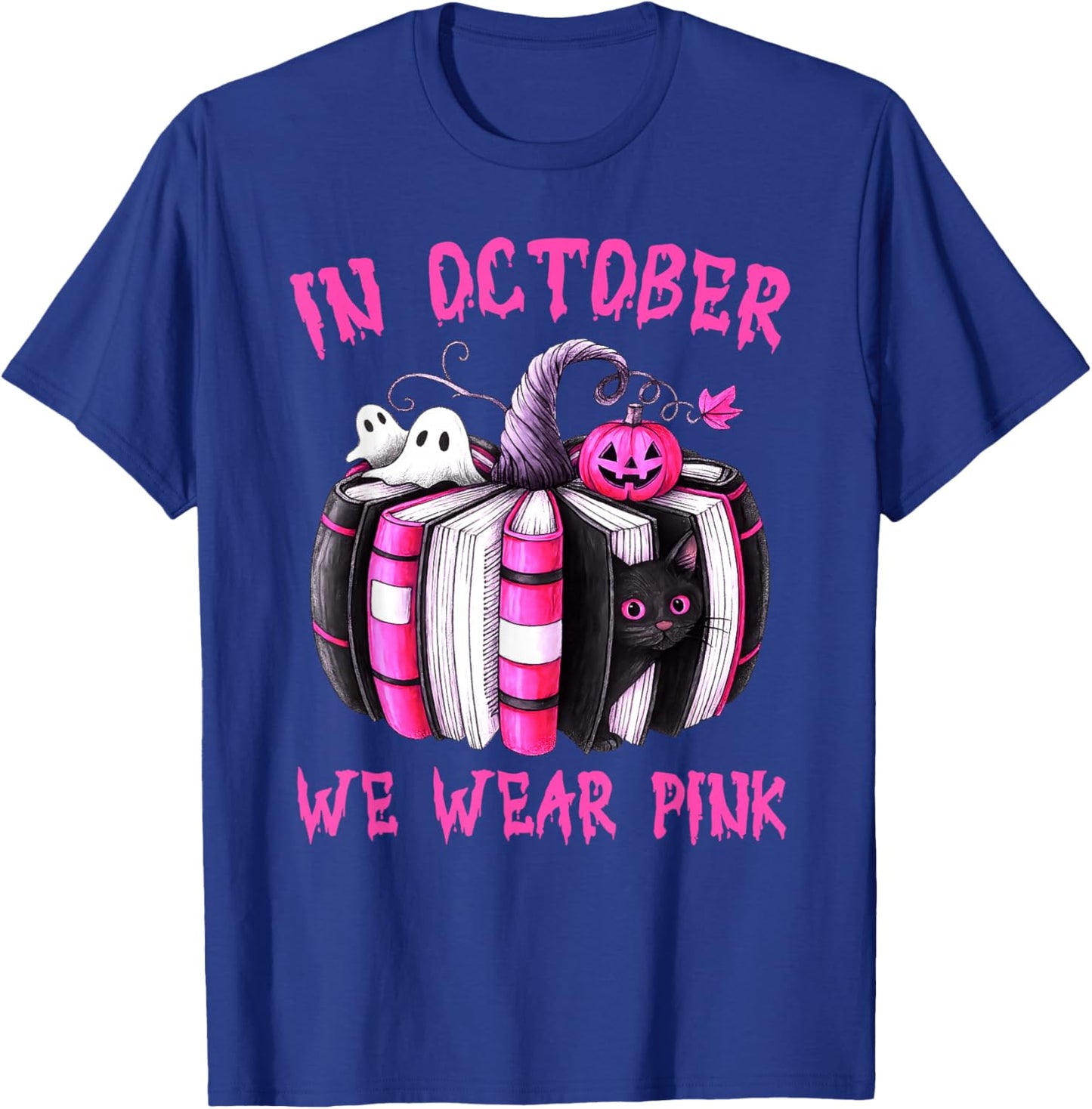 in October We Wear Pink Pumpkin Book Breast Cancer Awareness T-Shirt - T-Shirt | Royal