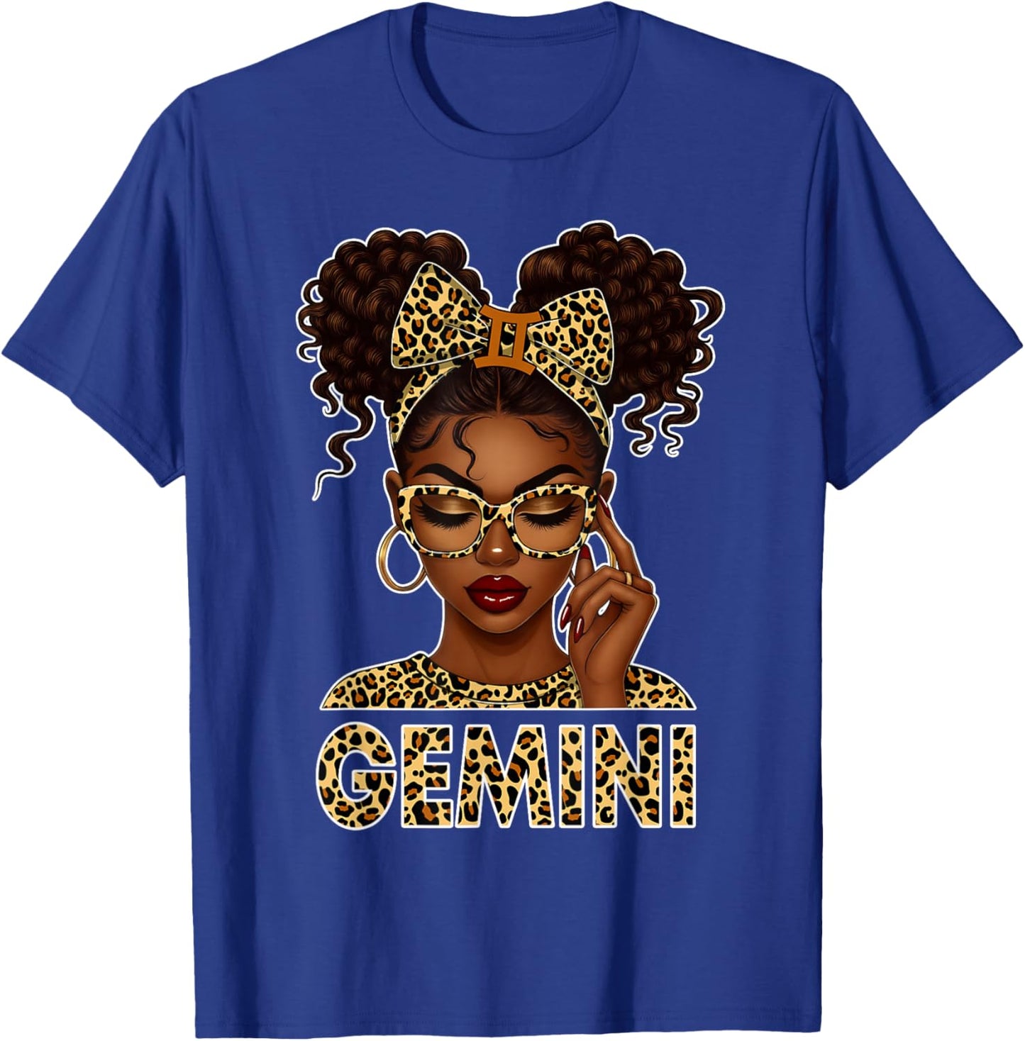Gemini Woman Black Girl Leopard Bow Zodiac Birthday T-Shirt - T-Shirt | Royal