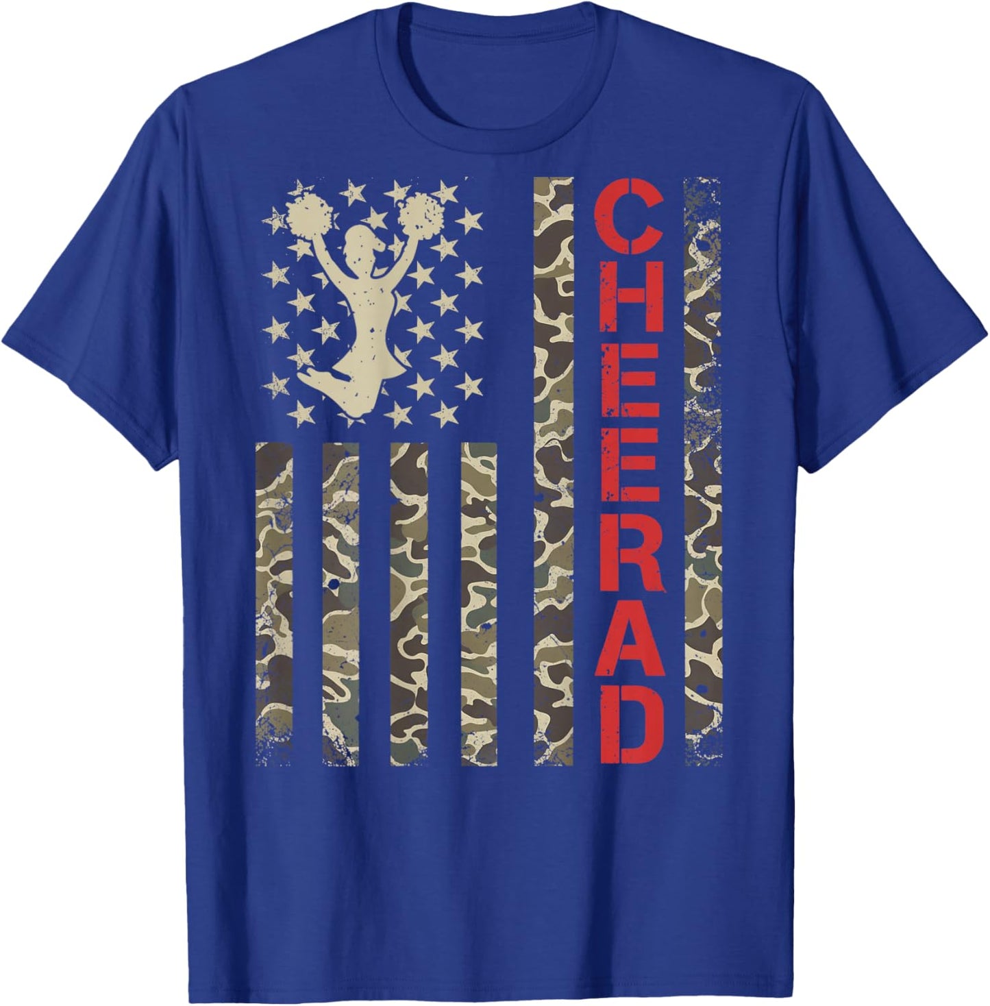 (ON Back) Cheer Dad Camo US Flag Father's Day Cheerleader T-Shirt - T-Shirt | Royal