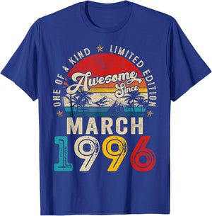 30 Year Old Awesome Since March 1996 30th Birthday Men Women T-Shirt - T-Shirt | Royal