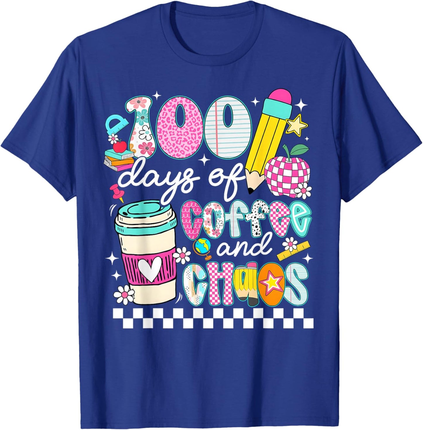 Retro Groovy 100 Days of Coffee and Chaos Teacher Girl Women T-Shirt - T-Shirt | Royal