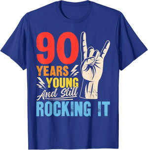 90 Years Young and Still Rocking It Vintage 90th Birthday T-Shirt - T-Shirt | Royal