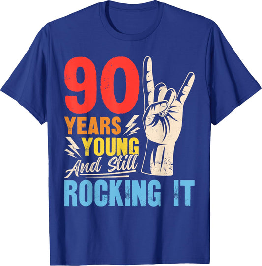 90 Years Young and Still Rocking It Vintage 90th Birthday T-Shirt - T-Shirt | Royal