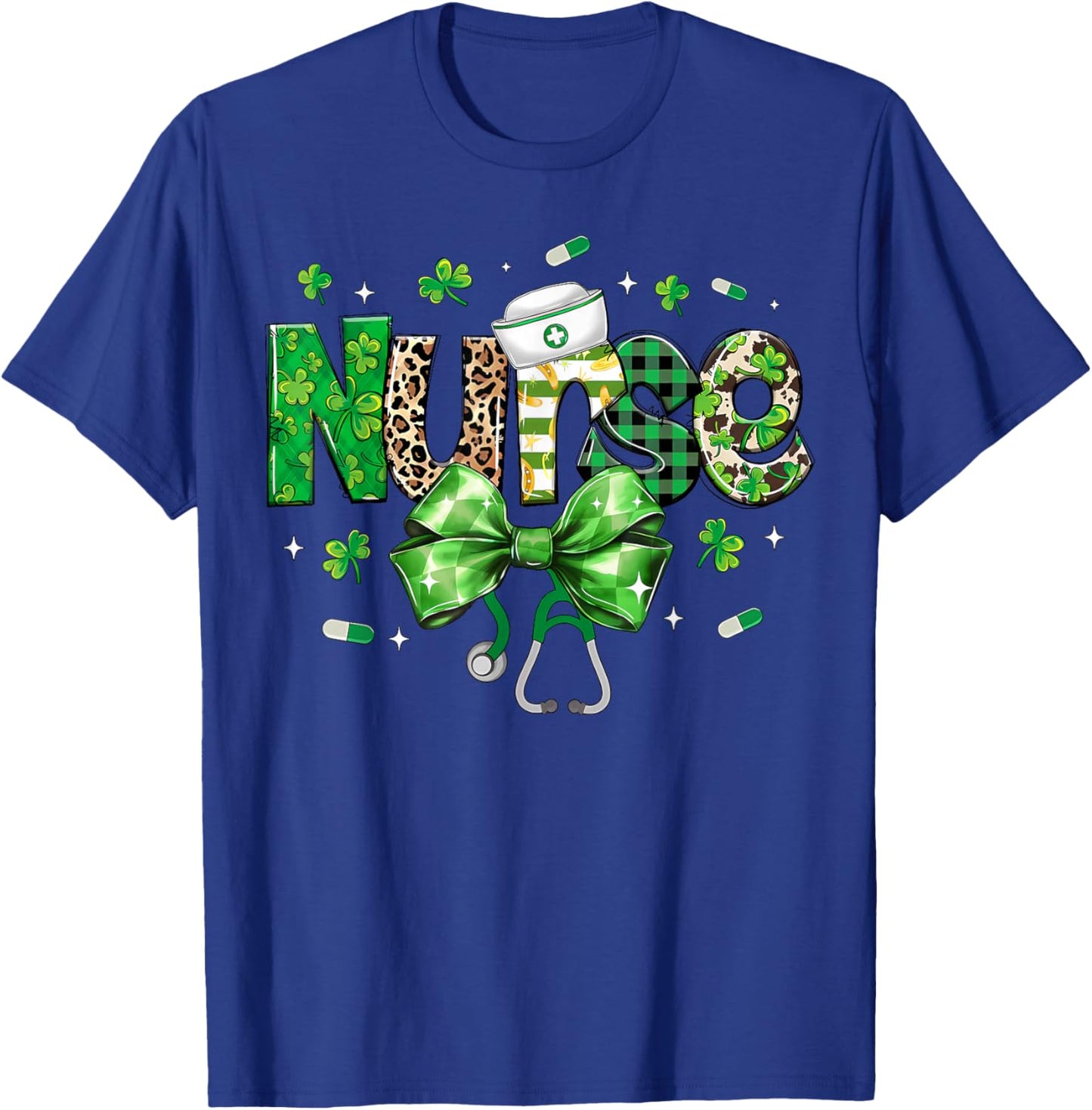 St Patricks Day Nurse Coquette Stethoscope Bow Shamrock T-Shirt - T-Shirt | Royal