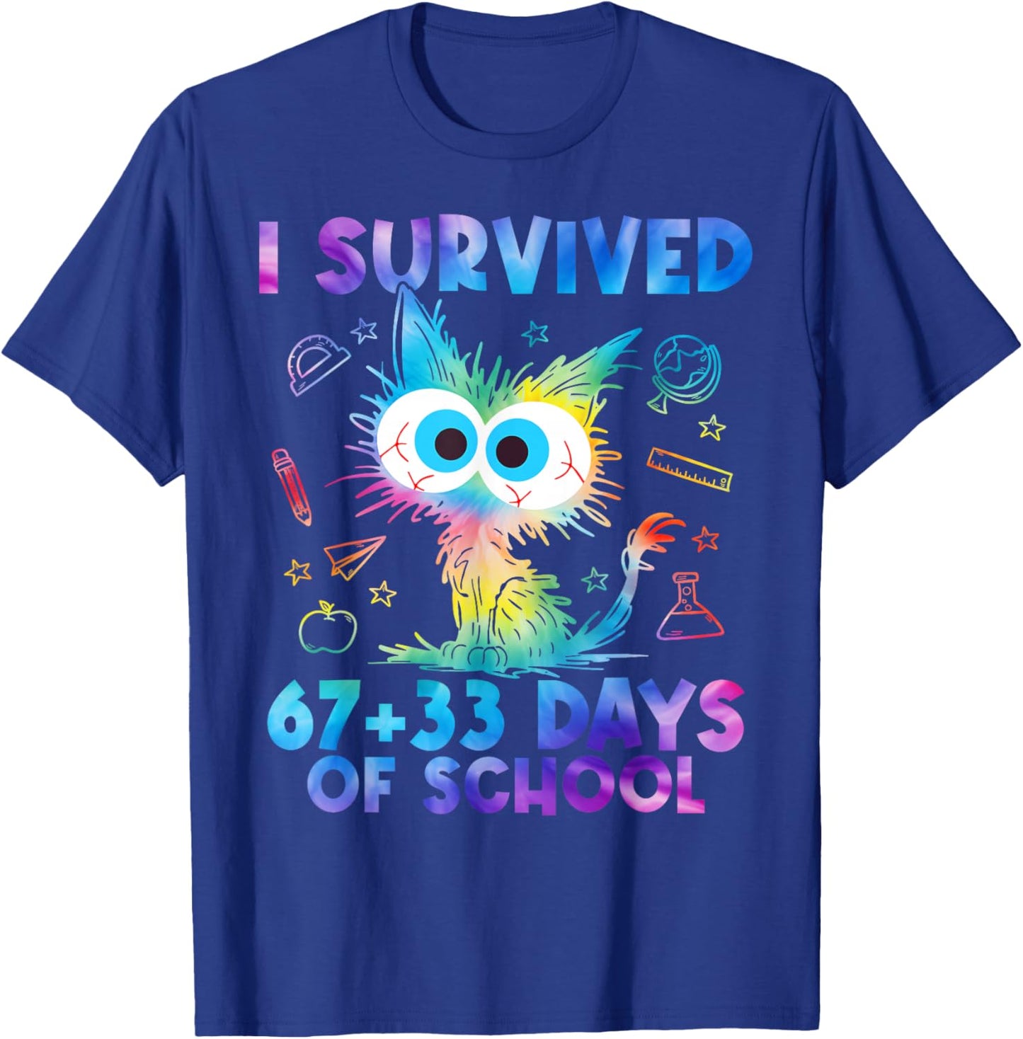 I Survived 67+33 Days of School Funny Cat 100th Day Teacher T-Shirt - T-Shirt | Royal