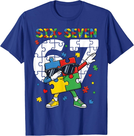 67 Autism Awareness Puzzle Dabbing Six Seven Autism 67 T-Shirt - T-Shirt | Royal