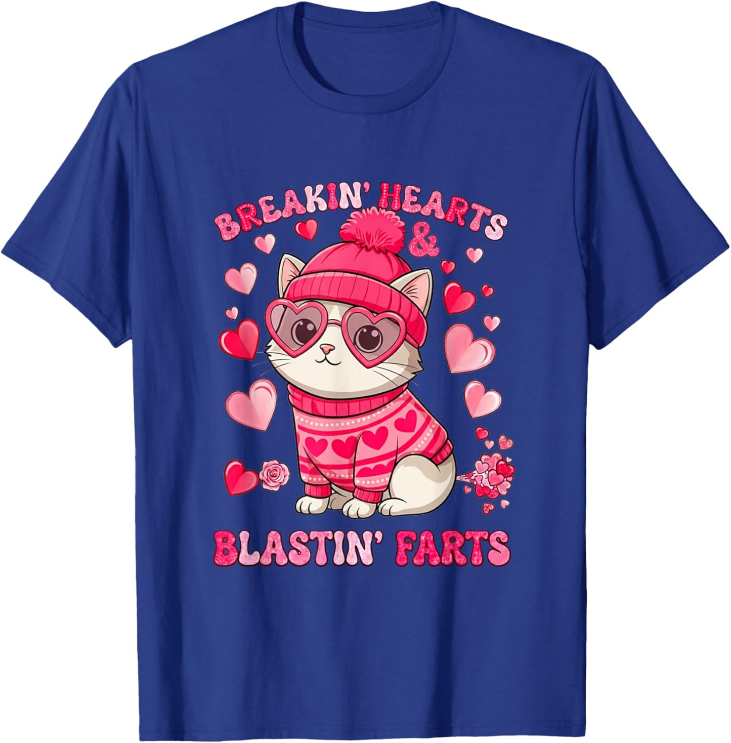 Funny Cat Breaking Hearts Blasting Farts Valentines Day T-Shirt - T-Shirt | Royal