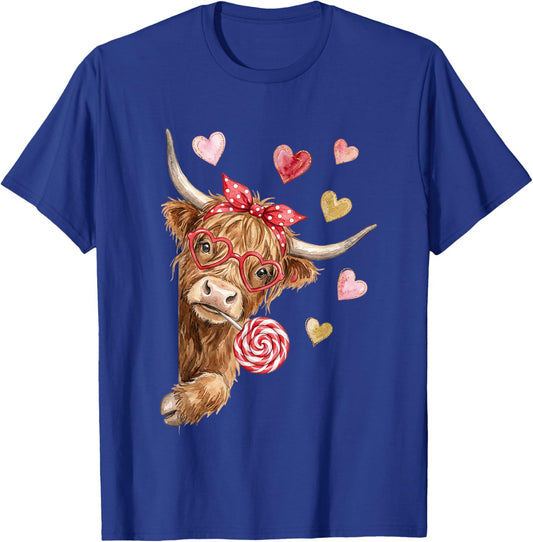 Valentine Highland Cow Lollipop Heart T-Shirt - T-Shirt | Royal