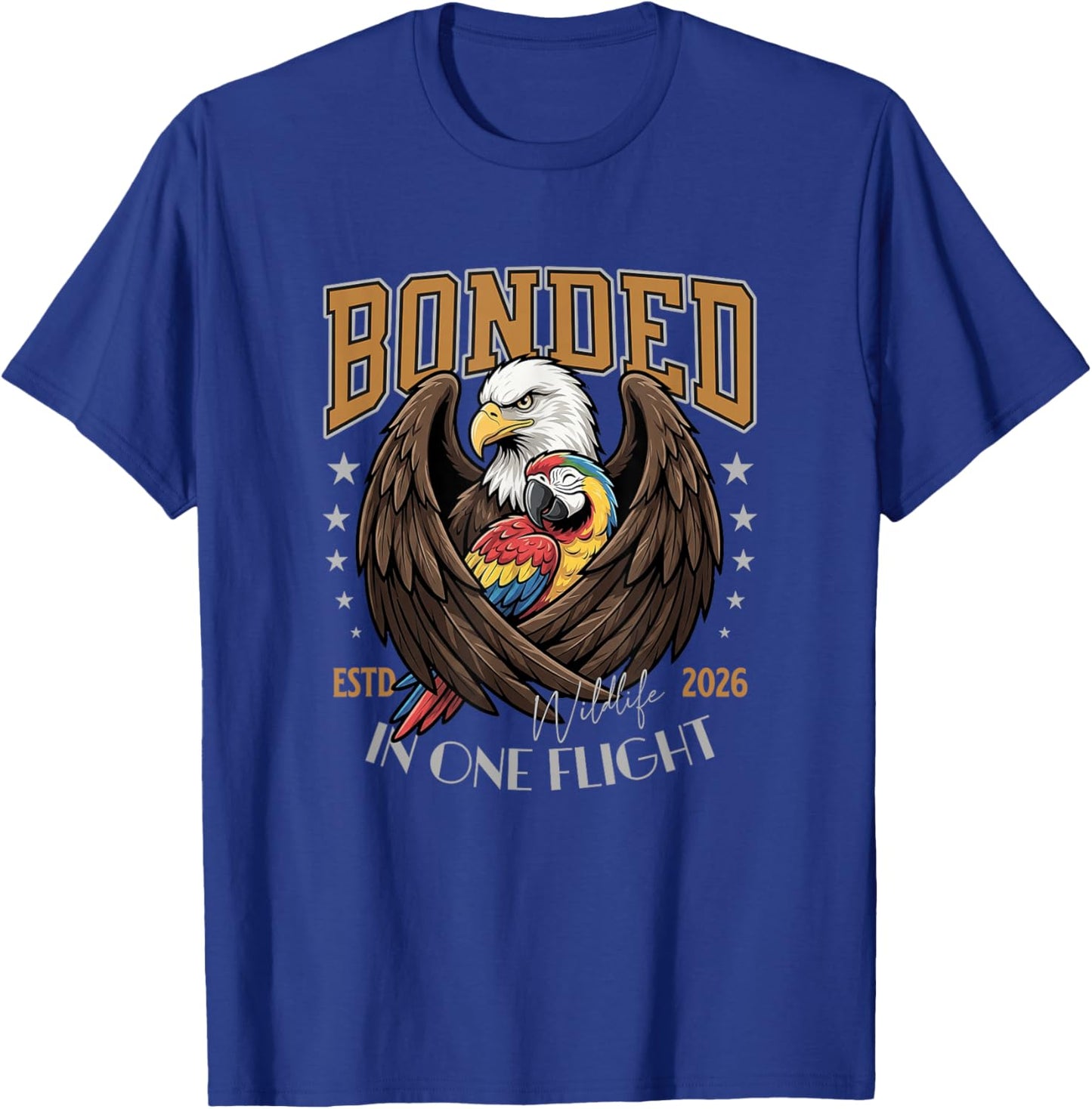 Bonded in One Flight, Wildlife Birds Eagle and Macaw. T-Shirt - T-Shirt | Royal