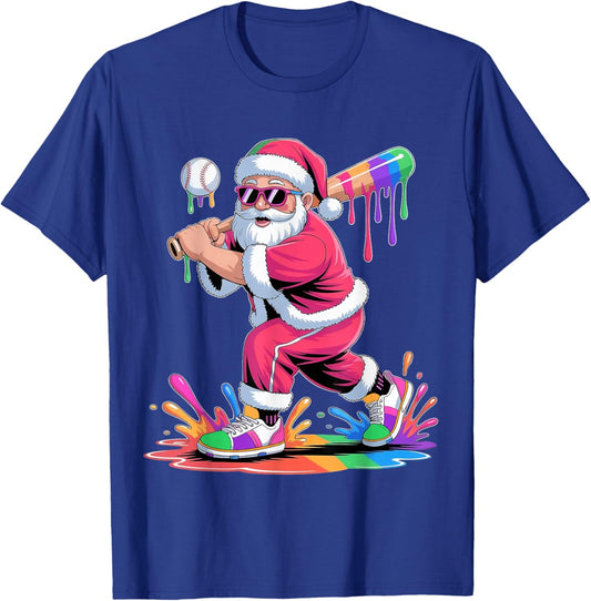 Santa Playing Baseball Ice Cream Dripping Christmas Baseball T-Shirt - T-Shirt | Royal
