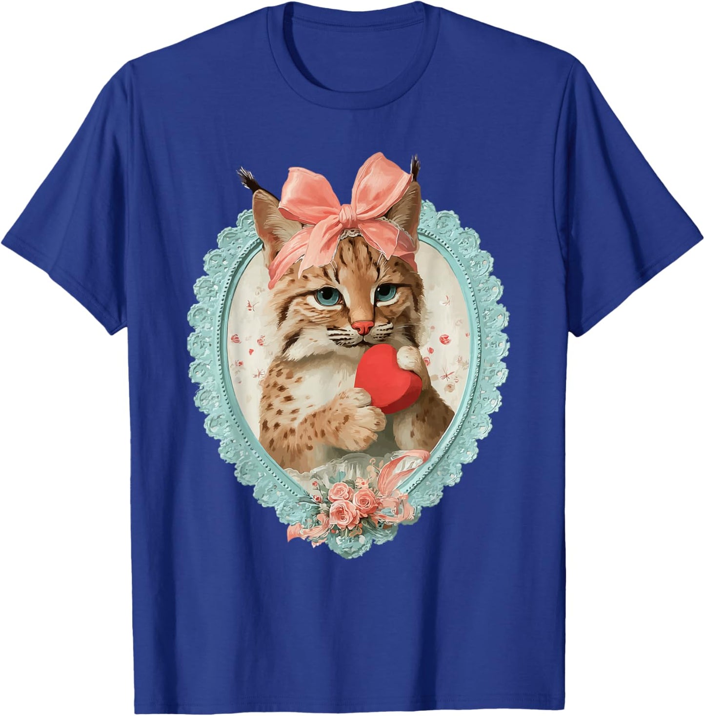 Vintage Valentine Bobcat with Heart Romantic Animal Coquette T-Shirt - T-Shirt | Royal