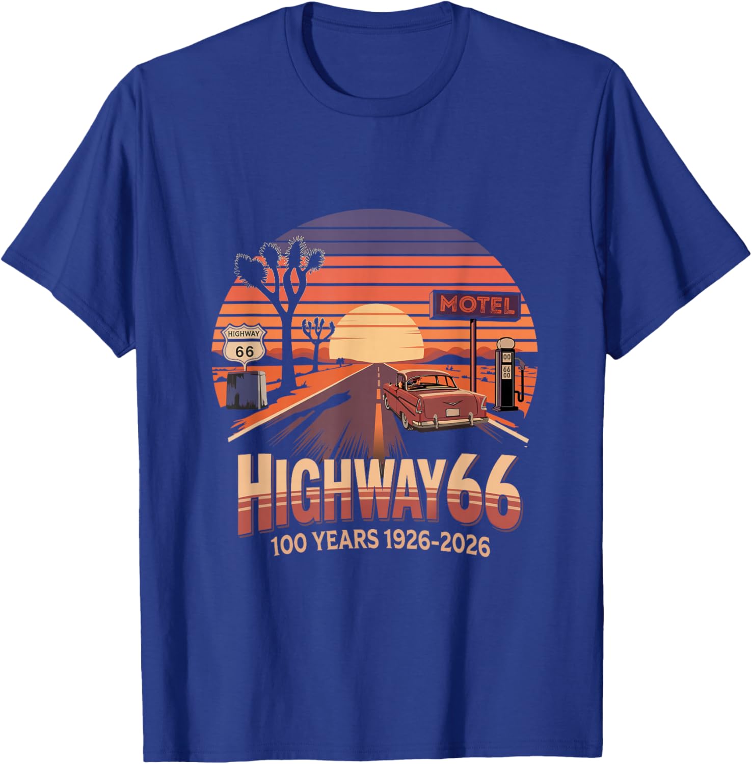 Highway 66 100 Years 1926-2026 Classic Car Lover Anniversary T-Shirt - T-Shirt | Royal