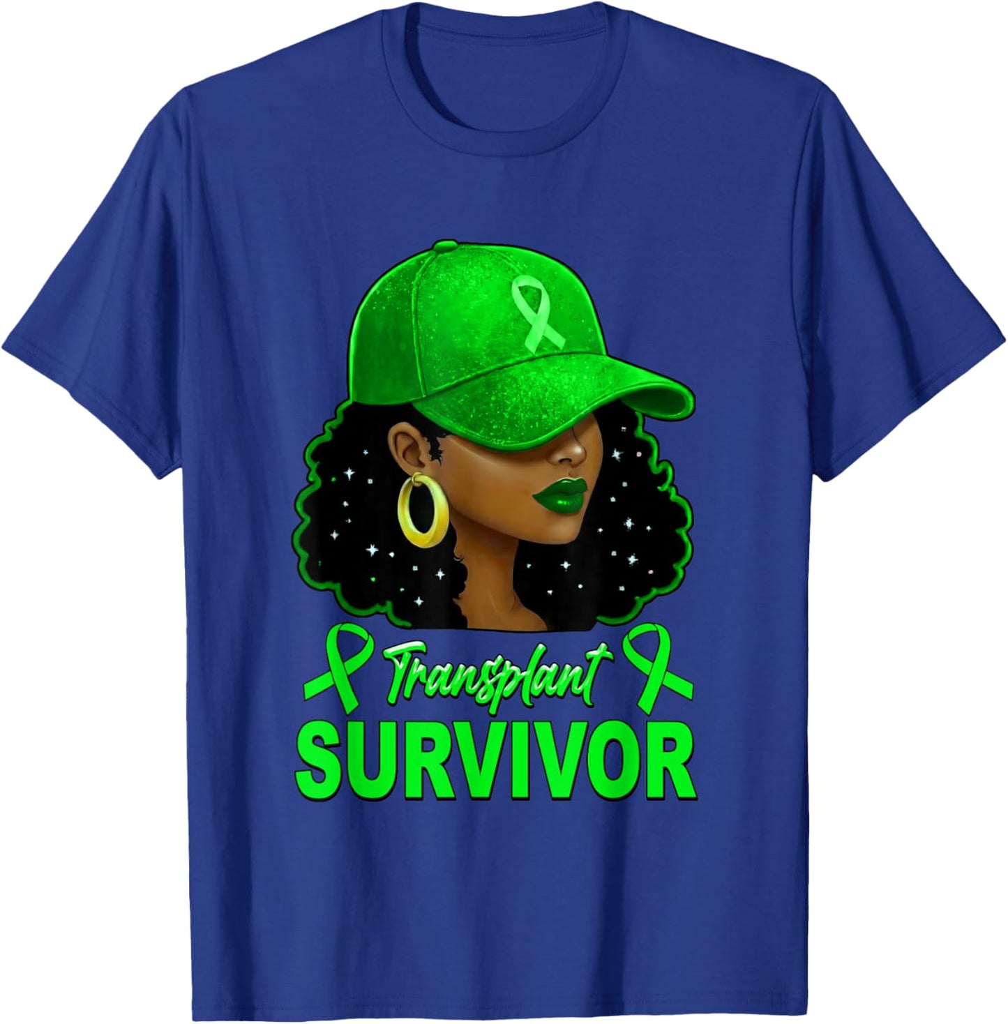 Transplant Survivor Kidney Recipient Green Ribbon Afro Woman T-Shirt - T-Shirt | Royal