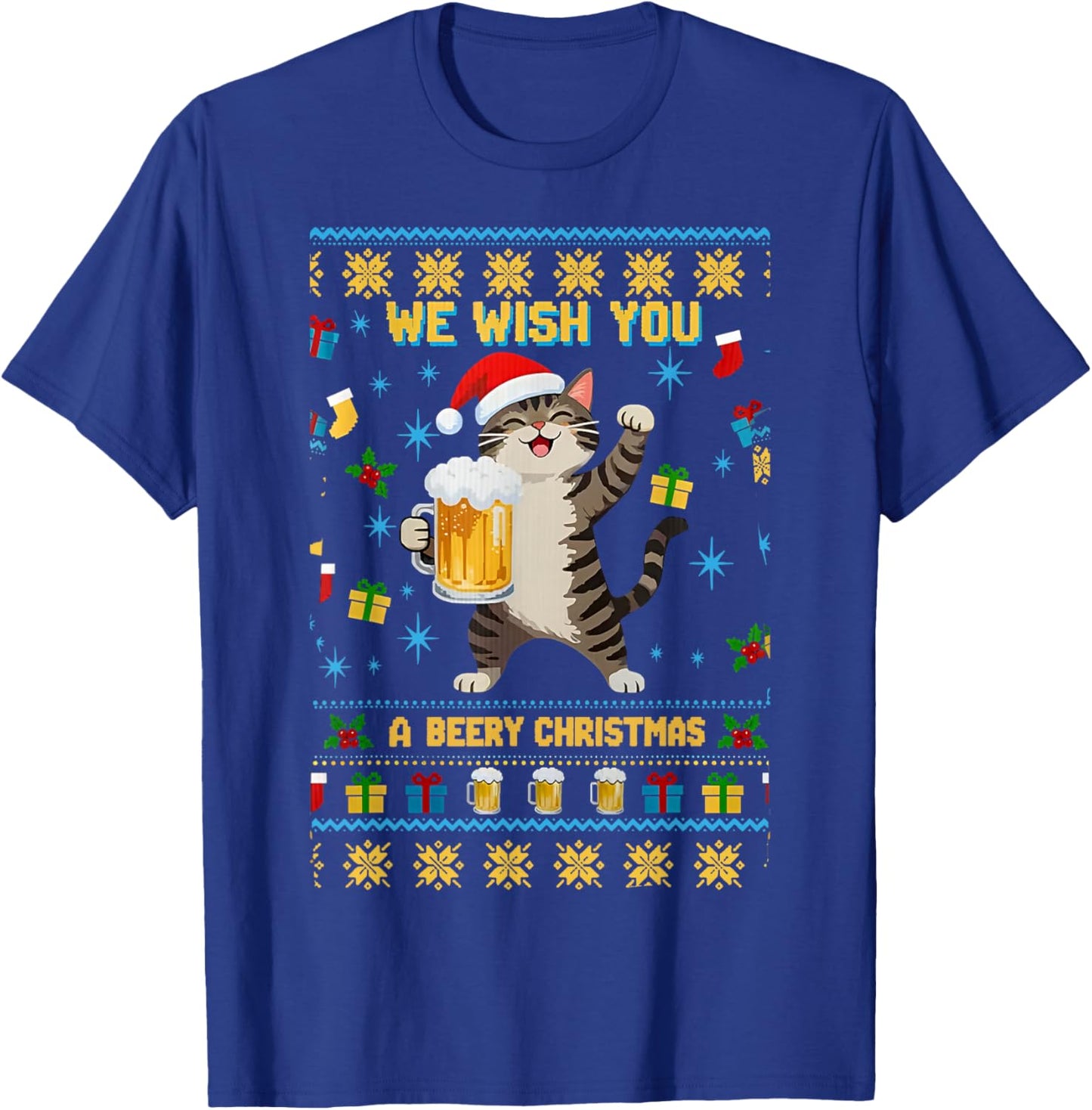we Wish You a Beery Christmas Cute cat Drinking Beer T-Shirt - T-Shirt | Royal
