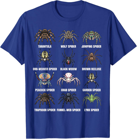 Types of Spiders Scientific Species Chart Entomology Science T-Shirt - T-Shirt | Royal