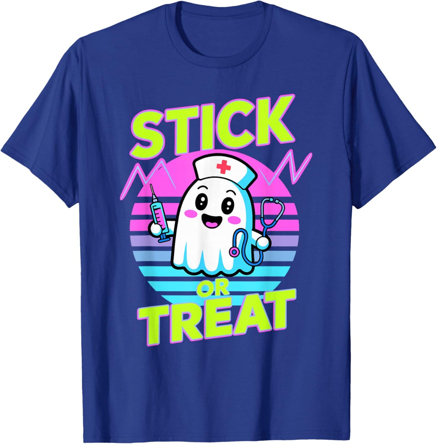 Halloween Stick Or Treat Ghost Nurse T-Shirt - T-Shirt | Royal