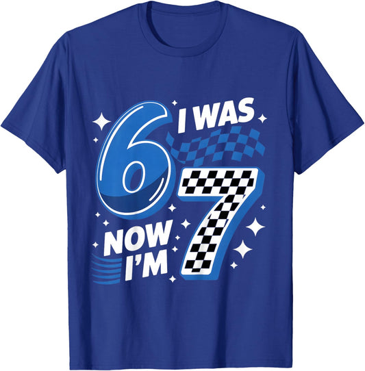 Blue Checkered I was 6 Now I'm 7 Funny 67 Birthday Boys T-Shirt - T-Shirt | Royal