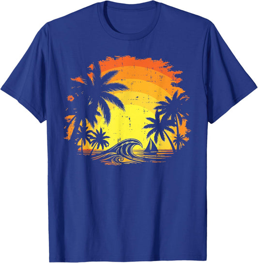 Summer Palm Trees Waves Sunset Vacation Beach Men Women Kids T-Shirt - T-Shirt | Royal