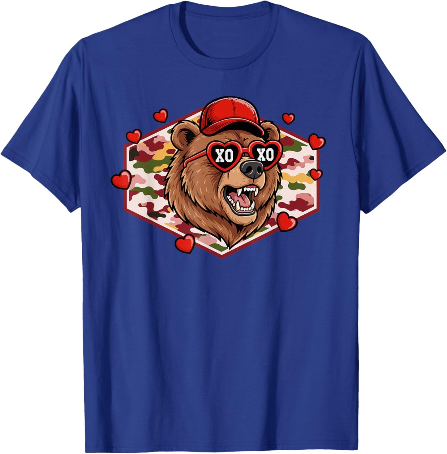 Men Boys Retro Valentines Hunting XOXO Camo Bear T-Shirt - T-Shirt | Royal
