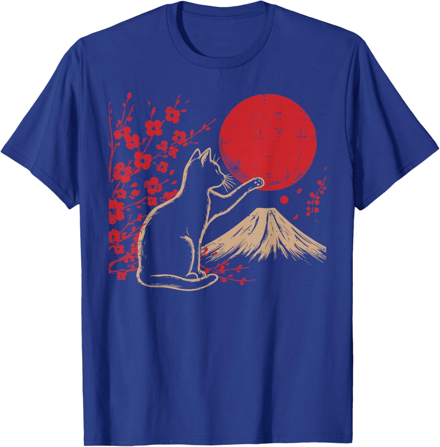 Japanese Cat Cherry Blossom Mountain Sun Art Women Men Kids T-Shirt - T-Shirt | Royal