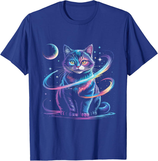 Mystical Space Cosmic Cat - Galaxy Kitten Graphic T-Shirt - T-Shirt | Royal