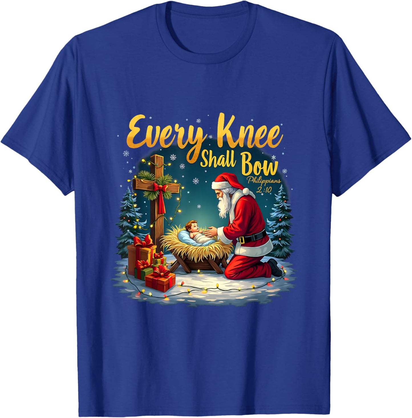 Christmas Nativity Scene Xmas Every Knee Shall Bow Santa T-Shirt - T-Shirt | Royal