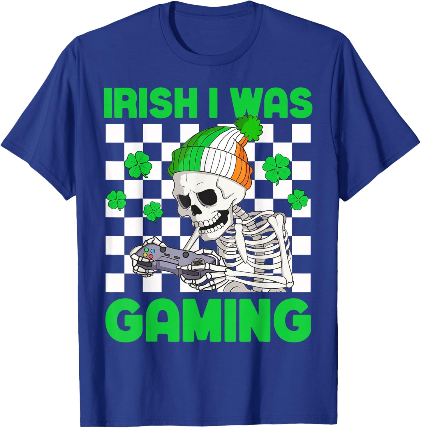 Irish I was Gaming Boys St Patricks Day Skeleton Gamer T-Shirt - T-Shirt | Royal