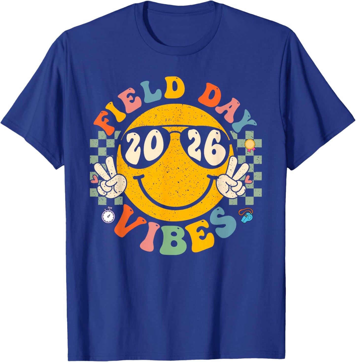 Field Day 2026 Vibes Groovy Smile Face Checkered T-Shirt - T-Shirt | Royal