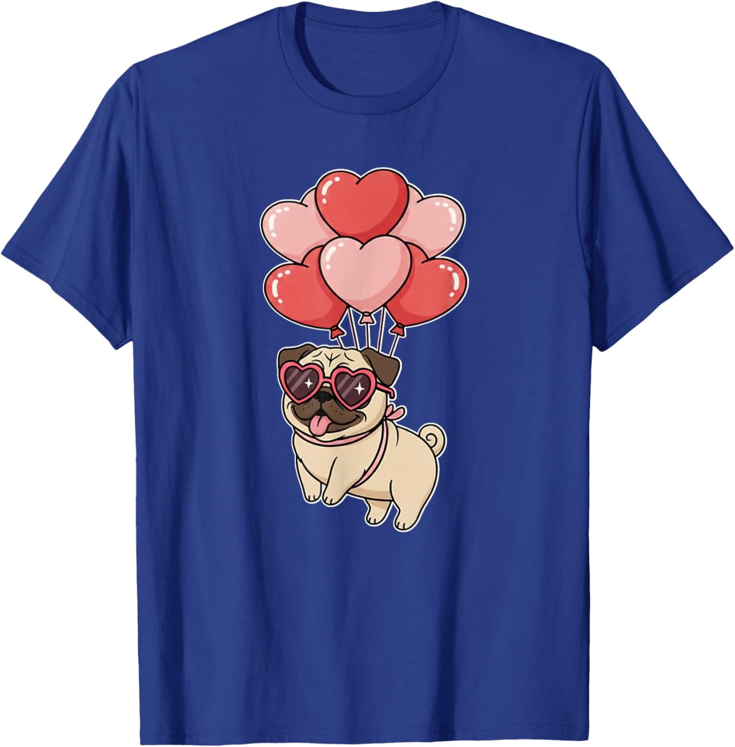 Girls Women Valentines Day Heart Balloons Tan Fawn Pug Lover T-Shirt - T-Shirt | Royal