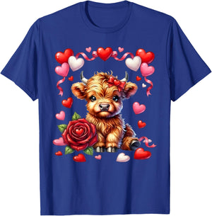 Cute Kawaii Highland Cow Heart Coquette Bow Valentines Day T-Shirt - T-Shirt | Royal