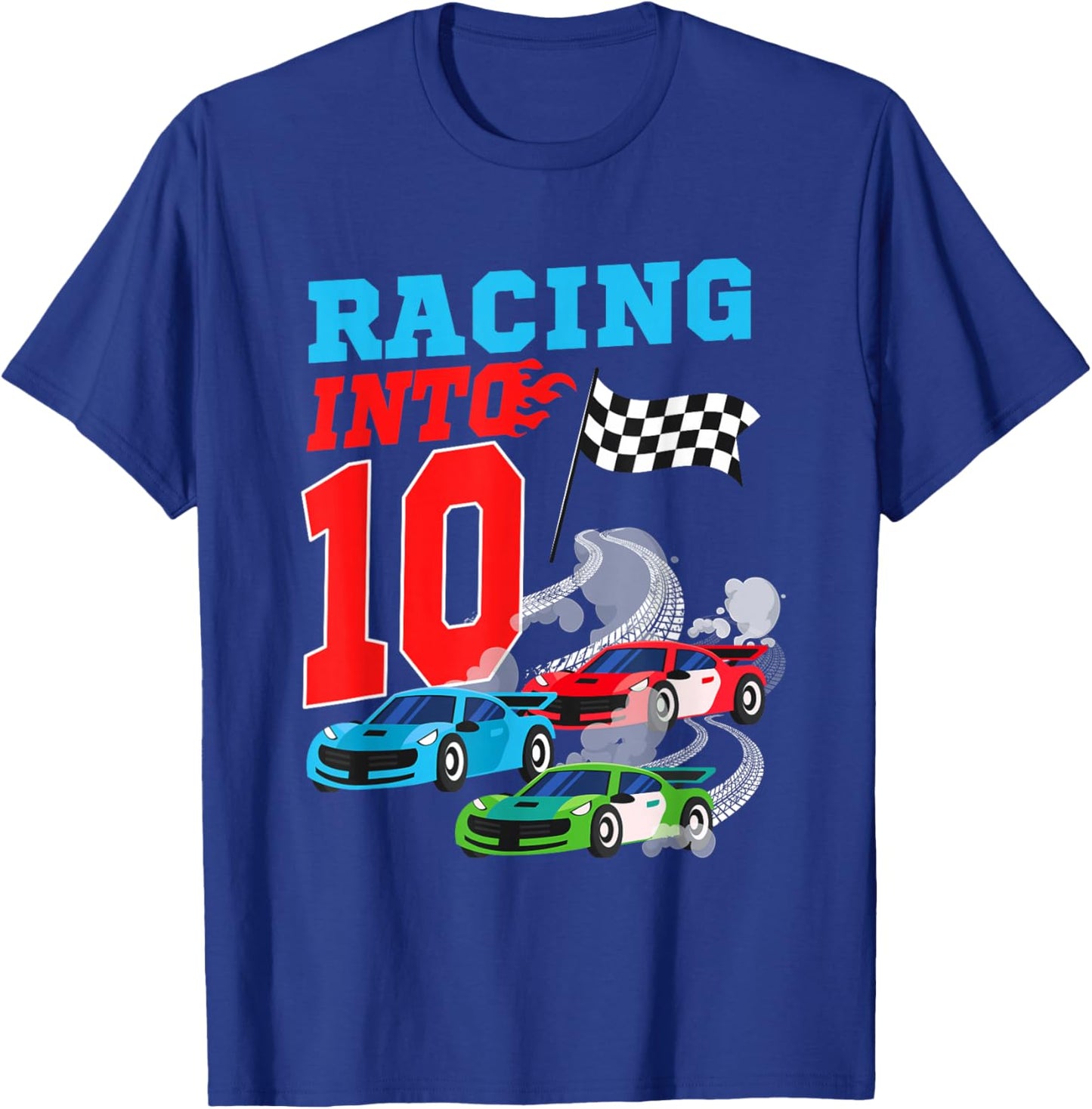 Racing Into 10 Year Old Birthday Racing Car Theme 10th Party T-Shirt - T-Shirt | Royal