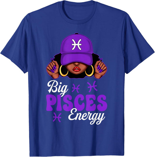 Big Pisces Energy Black Woman Purple Cap Zodiac Sign T-Shirt - T-Shirt | Royal