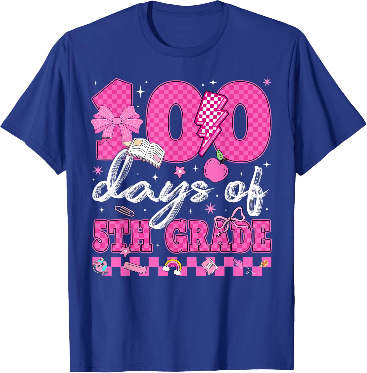 Happy 100 Days of 5th Grade Coquette Bow Checkered Girl Kid T-Shirt - T-Shirt | Royal