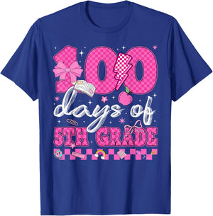 Happy 100 Days of 5th Grade Coquette Bow Checkered Girl Kid T-Shirt - T-Shirt | Royal