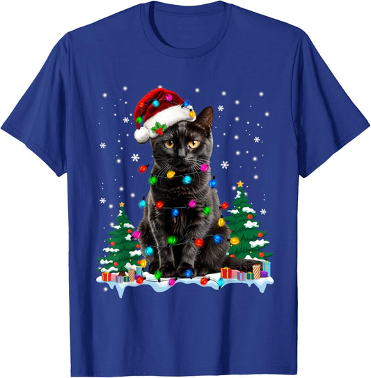 Black Cat Christmas Light Santa Hat Cat Lovers Xmas Pajamas T-Shirt - T-Shirt | Royal