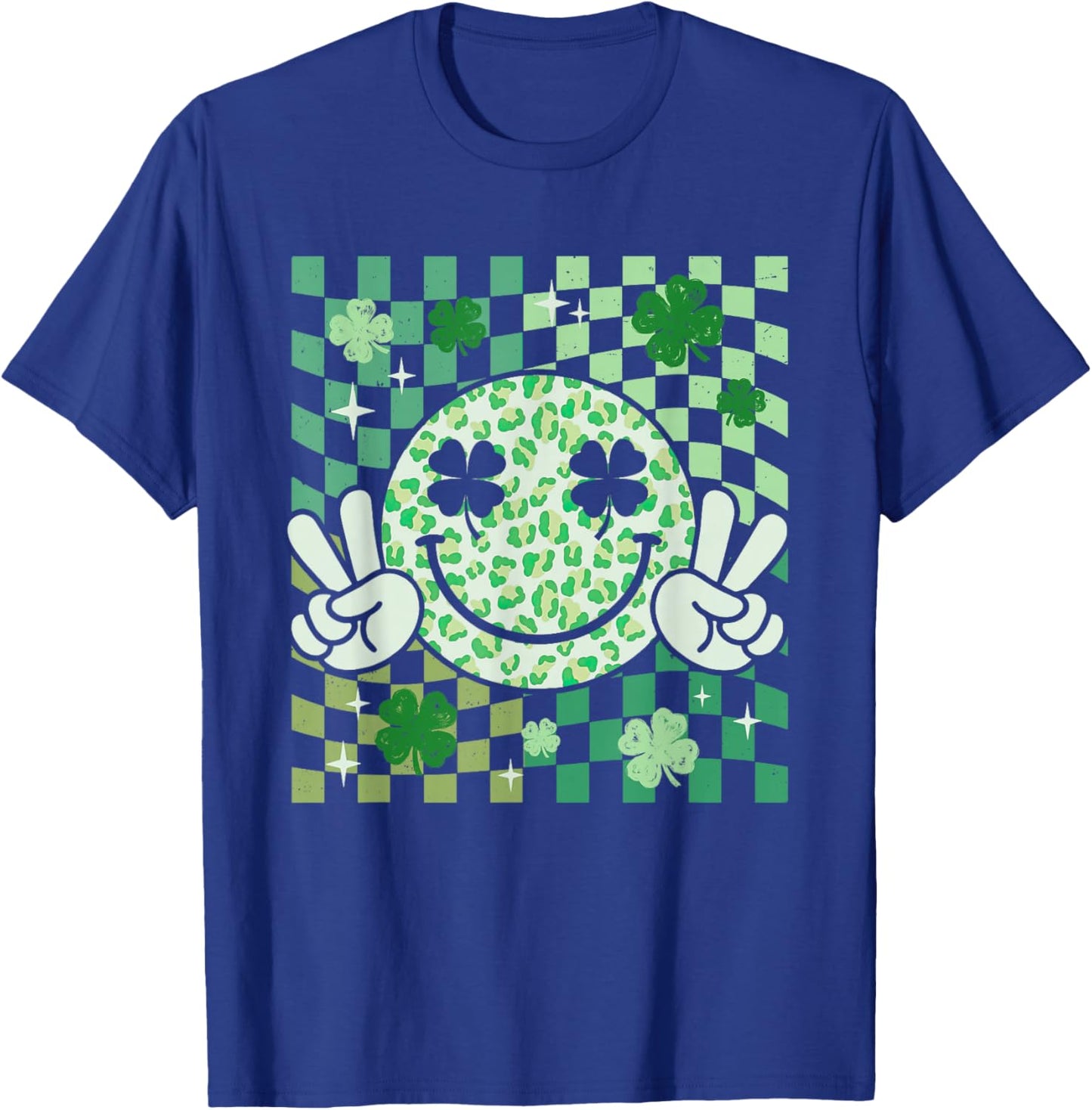 Groovy Smile Face St Patricks Day Shamrock Checker Women Kid T-Shirt - T-Shirt | Royal