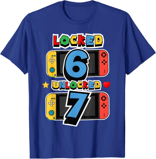 Locked 6 Unlocked 7 7th Birthday Video Game 7 Years 6 7 Meme T-Shirt - T-Shirt | Royal