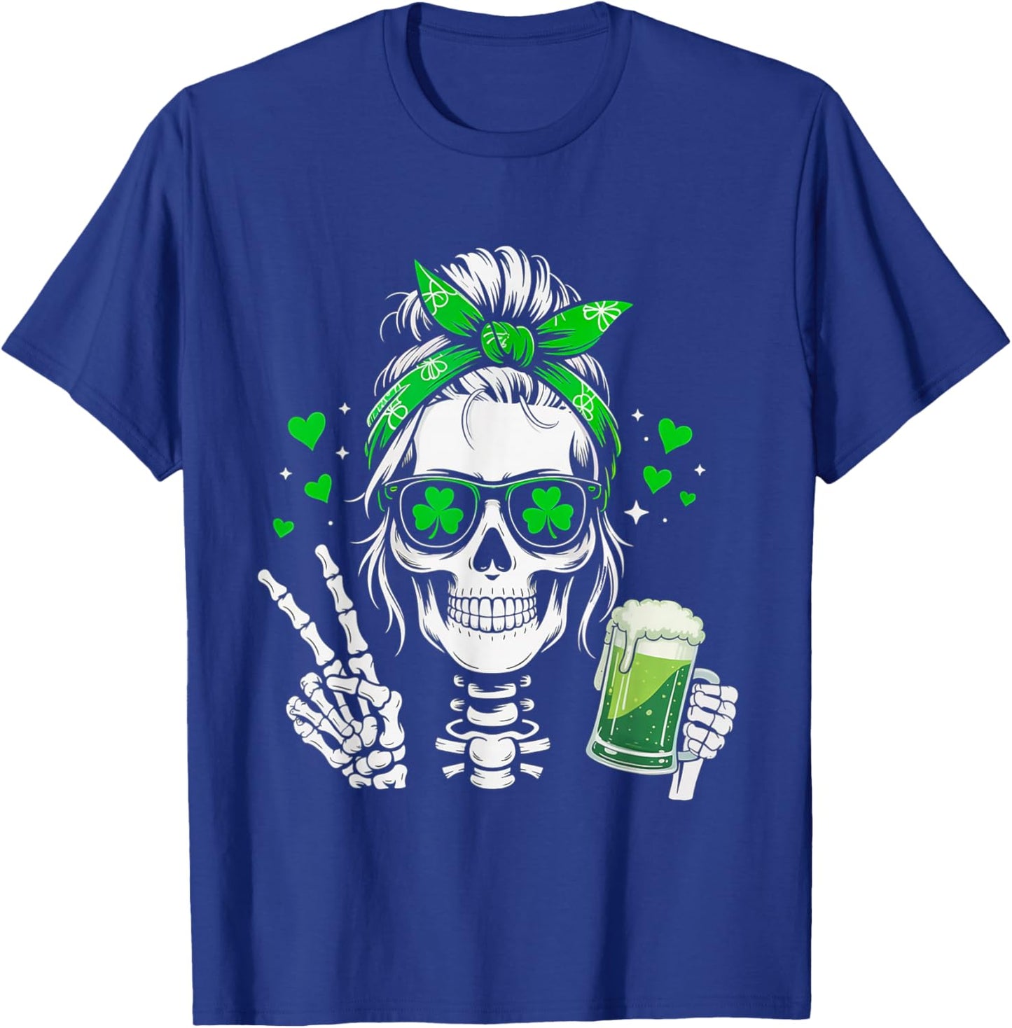 Skull Sunglass Messy Bun Irish Peace St Patrick's Day Women T-Shirt - T-Shirt | Royal